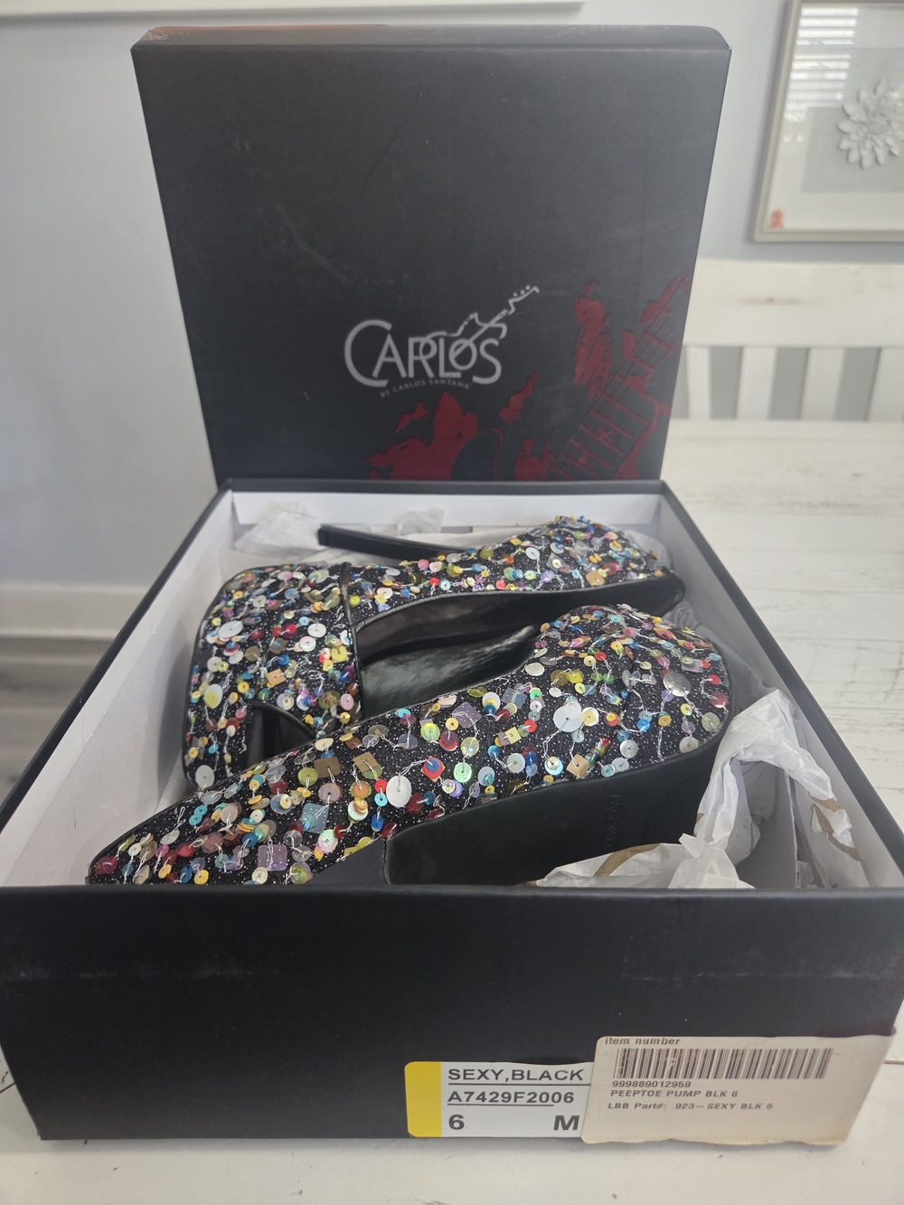 Carlos Santana black multi-colored sequin peep-toe platform heels - Picture 2 of 13